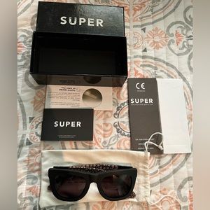 VINTAGE SUPER SUNGLASSES BLACK AND TAN LEATHER NWT